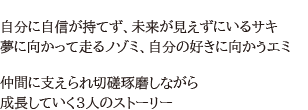 自分に自信が持てず、未来が見えずにいるサキ、夢に向かって走るノゾミ、自分の好きに向かうノゾミ、仲間に支えられ切磋琢磨しながら成長していく3人のストーリー