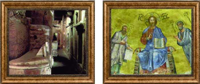 （左）聖ペトロ大聖堂地下のカタコンベ　（右）城外の聖パウロ大聖堂内のモザイク イエスの右隣がパウロ、左隣がペトロ