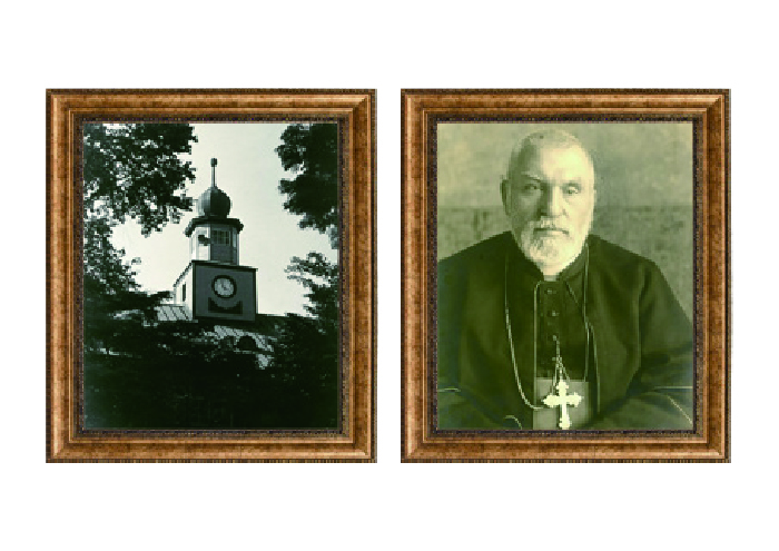 （左）最初の校舎の玉ねぎ塔（時計とスピーカーは後のもの）（右）創立者 ヴェンセスラウス・キノルド司教（１８７１~１９５２）